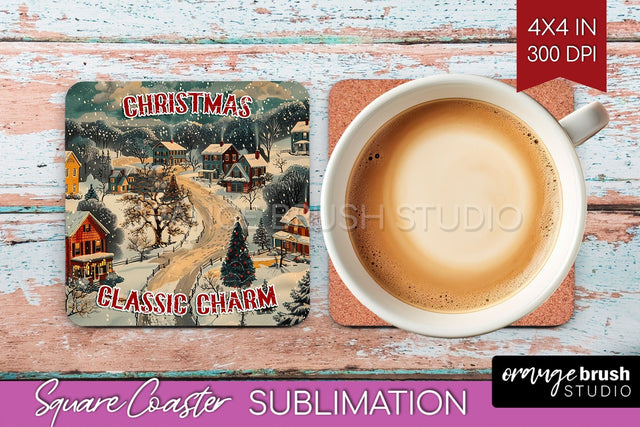 Retro Christmas Square Coaster - Xmas Coaster Sublimation Sublimation OrangeBrushStudio 