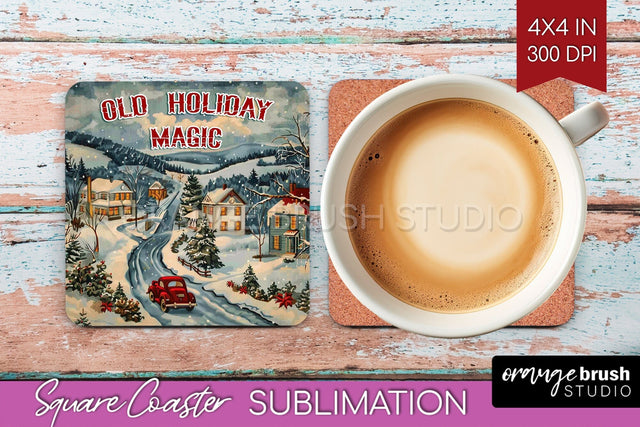 Retro Christmas Square Coaster - Xmas Coaster Sublimation Sublimation OrangeBrushStudio 