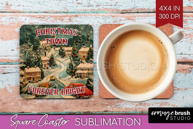 Retro Christmas Square Coaster - Xmas Coaster Sublimation Sublimation OrangeBrushStudio 