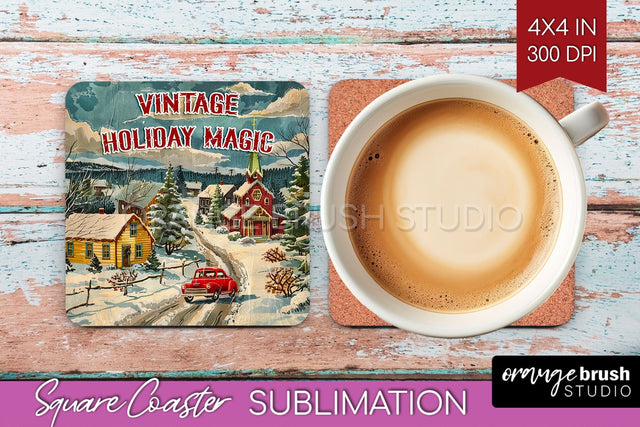 Retro Christmas Square Coaster - Xmas Coaster Sublimation Sublimation OrangeBrushStudio 