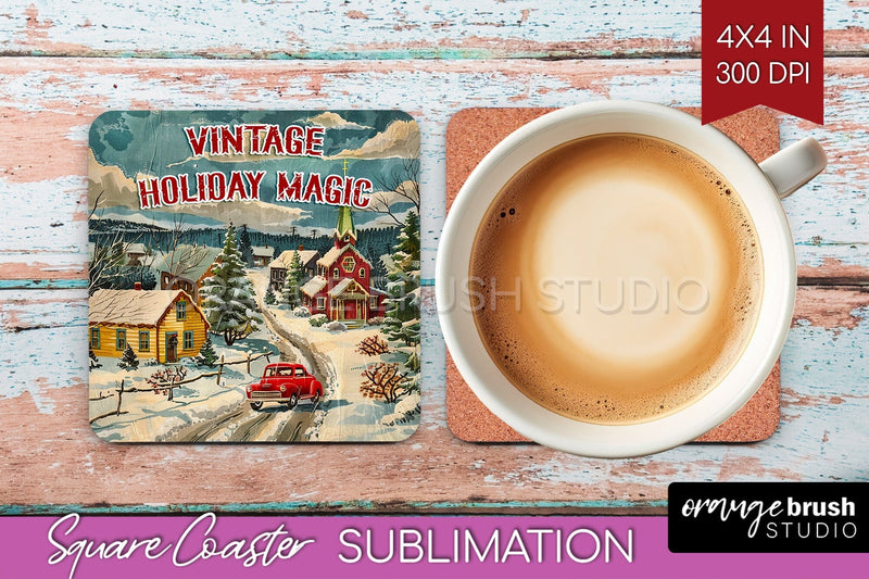 Retro Christmas Square Coaster - Xmas Coaster Sublimation Sublimation OrangeBrushStudio 