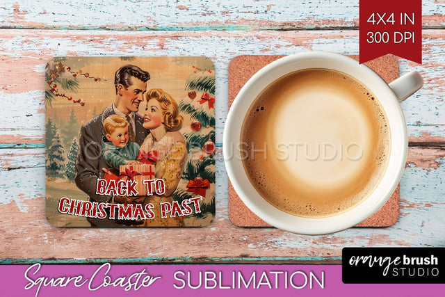 Retro Christmas Square Coaster - Xmas Coaster Sublimation Sublimation OrangeBrushStudio 