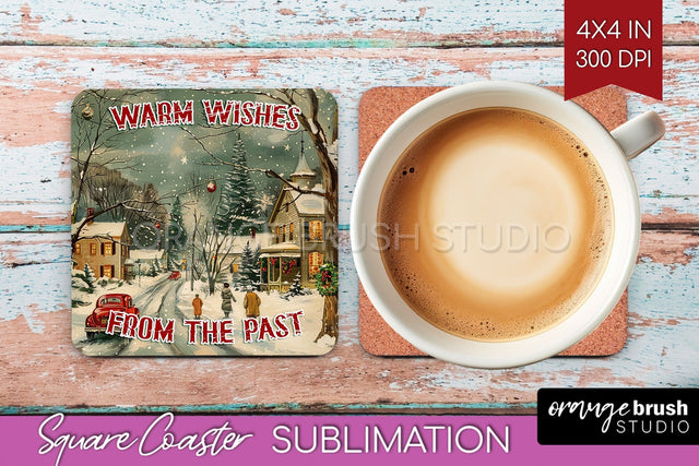 Retro Christmas Square Coaster - Xmas Coaster Sublimation Sublimation OrangeBrushStudio 