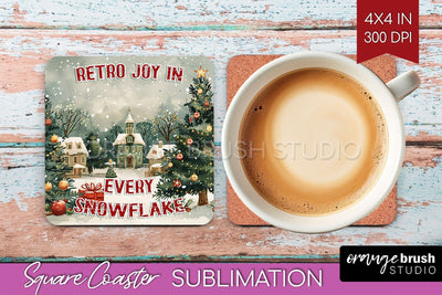 Retro Christmas Square Coaster - Xmas Coaster Sublimation Sublimation OrangeBrushStudio 