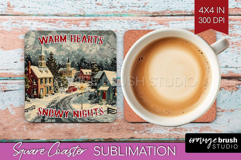 Retro Christmas Square Coaster - Xmas Coaster Sublimation Sublimation OrangeBrushStudio 