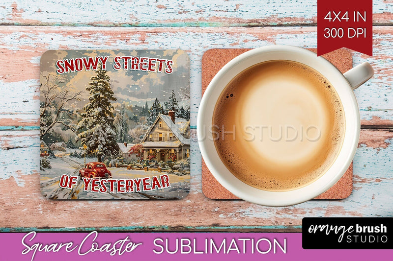 Retro Christmas Square Coaster - Xmas Coaster Sublimation Sublimation OrangeBrushStudio 