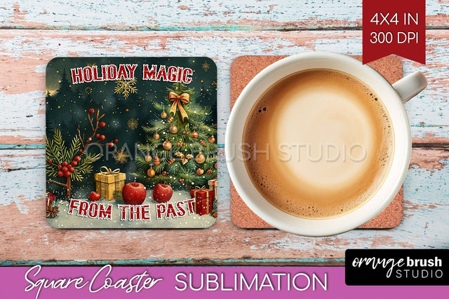 Retro Christmas Square Coaster - Xmas Coaster Sublimation Sublimation OrangeBrushStudio 