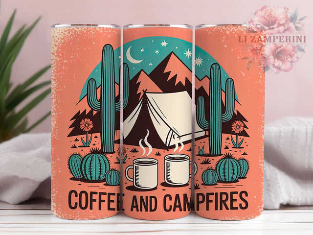 Retro Coffee and Campfires 20oz Tumbler Wrap, Coffee and Campfires, Outdoor Adventure, Rustic Outdoor Design, Vintage Camping, 20oz Tumbler Wrap, Sublimation PNG Sublimation Li Zamperini 