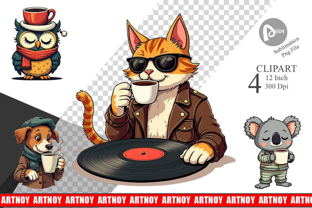 Retro Coffee Critters Clipart Sublimation artnoy 