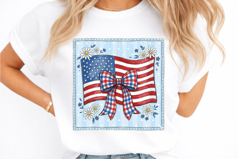 Retro Coquette American Flag PNG, Patriotic Bow Ditsy Floral 1 Sublimation designmaster24 