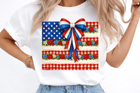 Retro Coquette American Flag PNG, Patriotic Bow Ditsy Floral Sublimation designmaster24 