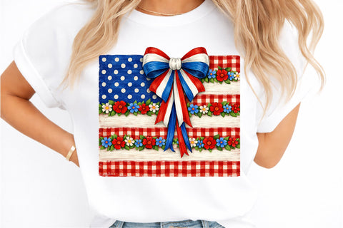Retro Coquette American Flag PNG, Patriotic Bow Ditsy Floral Sublimation designmaster24 