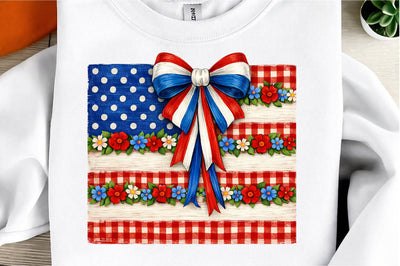 Retro Coquette American Flag PNG, Patriotic Bow Ditsy Floral Sublimation designmaster24 