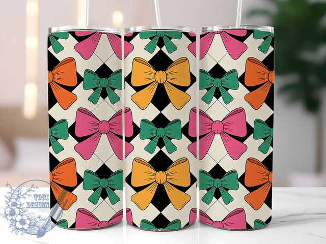 Retro Coquette Checkerboard Bow Tumbler, Retro Bow Cup Wrap, 20Oz Sublimation Design, Vintage Checkerboard Drinkware, Girly Retro Tumbler, Pink Bow Coffee Mug, Aesthetic Coquette Cup Sublimation ToriDesigns 