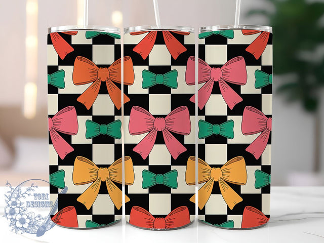Retro Coquette Checkerboard Bow Tumbler, Retro Bow Cup Wrap, 20Oz Sublimation Design, Vintage Checkerboard Drinkware, Girly Retro Tumbler, Pink Bow Coffee Mug, Aesthetic Coquette Cup Sublimation ToriDesigns 