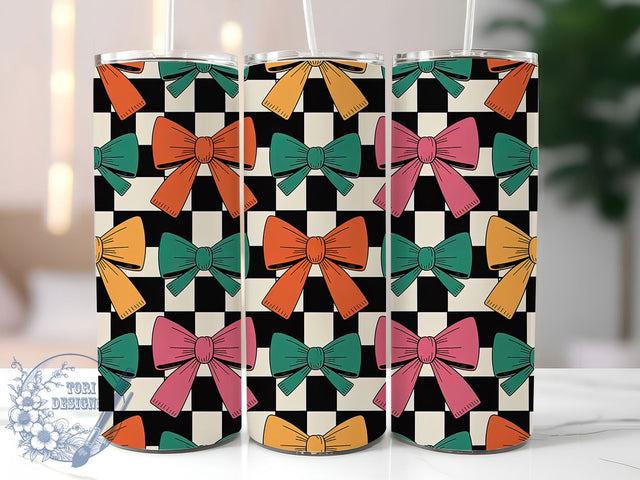 Retro Coquette Checkerboard Bow Tumbler, Retro Bow Cup Wrap, 20Oz Sublimation Design, Vintage Checkerboard Drinkware, Girly Retro Tumbler, Pink Bow Coffee Mug, Aesthetic Coquette Cup Sublimation ToriDesigns 