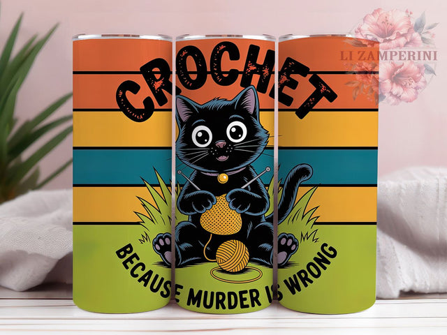 Retro Crochet Cat 20oz Tumbler, Crochet Humor Wrap, Black Cat Design, Funny Craft Quote, 20oz Tumbler PNG, Yarn Lover Sublimation, Cat Crochet Sublimation Sublimation Li Zamperini 