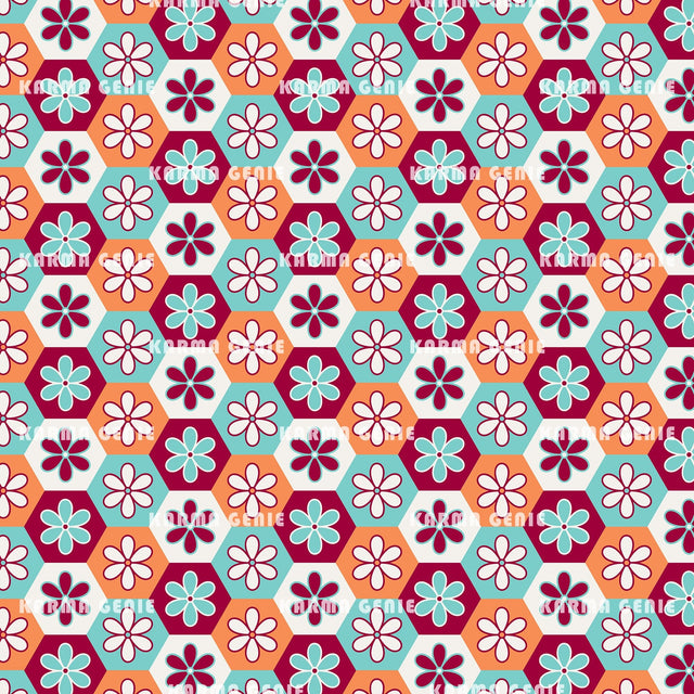 Retro Daisy Flowers Colorful Hexagon Pattern Digital Paper Digital Pattern Karma Genie Graphics 
