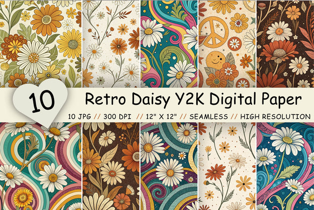 Retro Daisy Y2K Digital Paper Pack, Seamless 70s Floral Pattern, Bold Colors Printable Scrapbook Paper, Groovy Vintage Design Bundle Digital Pattern FloridPrintables 
