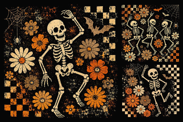 Retro Dancing Skeleton PNG Floral Halloween PNG Spooky Skeleton PNG Distressed Halloween Sublimation Vintage Dancing Bones Checkerboard PNG SVG DesignDestine 