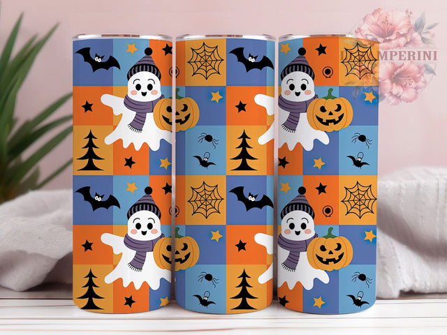 Retro Denim Patchwork Halloween Ghost Tumbler, Denim Ghost Wrap, Patchwork Spooky Cup, 20Oz Sublimation Design, Vintage Ghost Drinkware, Trendy Fall Mug, Cute Spooky Tumbler Sublimation Li Zamperini 