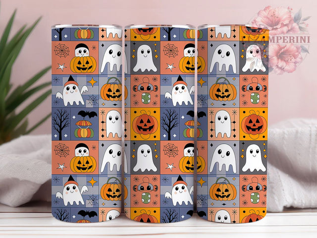 Retro Denim Patchwork Halloween Ghost Tumbler, Denim Ghost Wrap, Patchwork Spooky Cup, 20Oz Sublimation Design, Vintage Ghost Drinkware, Trendy Fall Mug, Cute Spooky Tumbler Sublimation Li Zamperini 