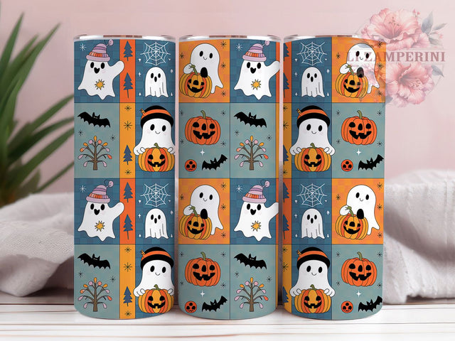 Retro Denim Patchwork Halloween Ghost Tumbler, Denim Ghost Wrap, Patchwork Spooky Cup, 20Oz Sublimation Design, Vintage Ghost Drinkware, Trendy Fall Mug, Cute Spooky Tumbler Sublimation Li Zamperini 