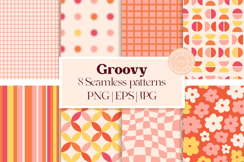 Retro Digital Paper Bundle, Groovy Seamless Patterns Digital Pattern Tori card store 