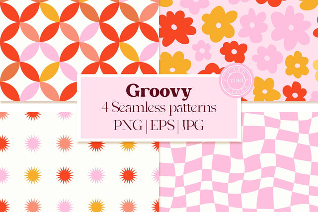 Retro Digital Paper Bundle, Groovy Seamless Patterns Digital Pattern Tori card store 