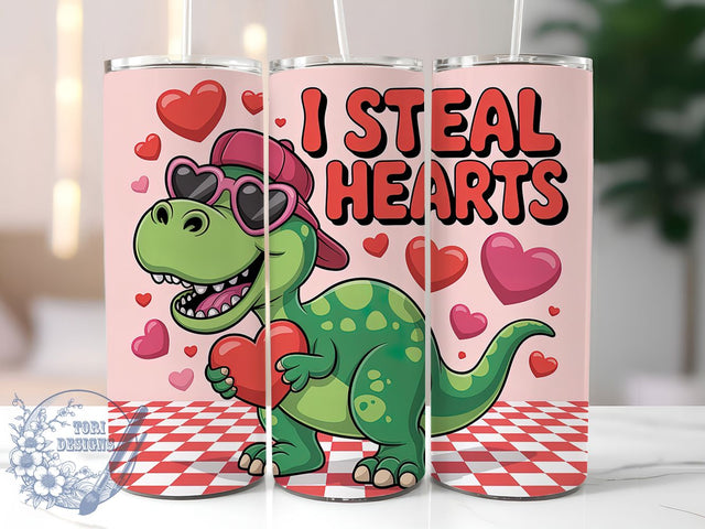 Retro Dinosaur Valentine Tumbler, Cute Dino Heart Wrap, I Steal Hearts Cup, 20oz Sublimation Wrap, Stylish Valentine Design Tumbler, Artistic Dino Love Cup, Whimsical Retro Valentine Theme Wrap Sublimation ToriDesigns 