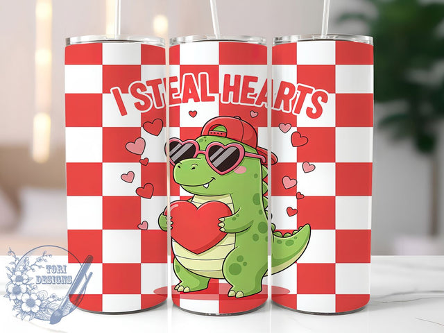 Retro Dinosaur Valentine Tumbler, Cute Dino Heart Wrap, I Steal Hearts Cup, 20oz Sublimation Wrap, Stylish Valentine Design Tumbler, Artistic Dino Love Cup, Whimsical Retro Valentine Theme Wrap Sublimation ToriDesigns 