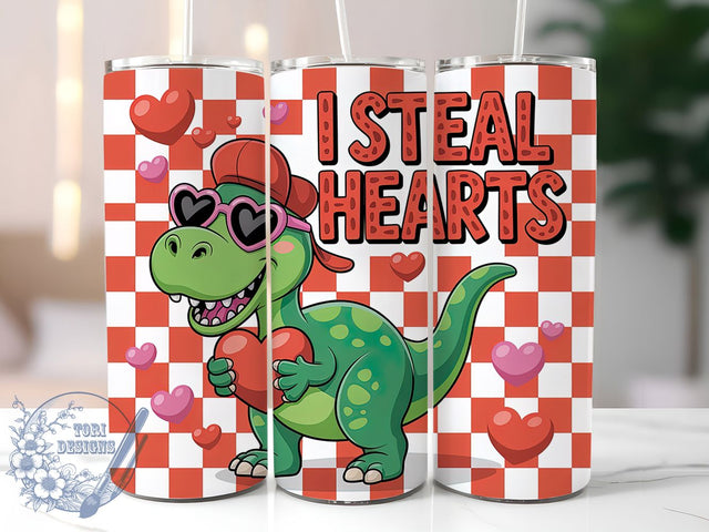Retro Dinosaur Valentine Tumbler, Cute Dino Heart Wrap, I Steal Hearts Cup, 20oz Sublimation Wrap, Stylish Valentine Design Tumbler, Artistic Dino Love Cup, Whimsical Retro Valentine Theme Wrap Sublimation ToriDesigns 