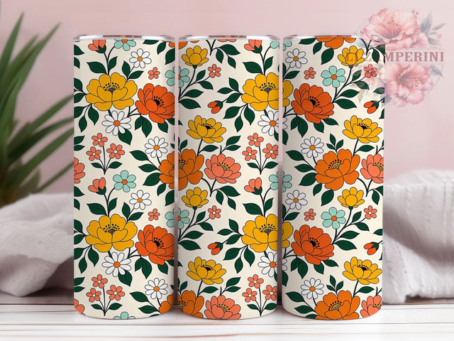 Retro Fall Floral 20oz Tumbler, 70s Autumn, Vintage Blooms, Warm Tones, Nostalgic Art, Earthy Palette, Groovy Design, Sublimation Wrap Sublimation Li Zamperini 