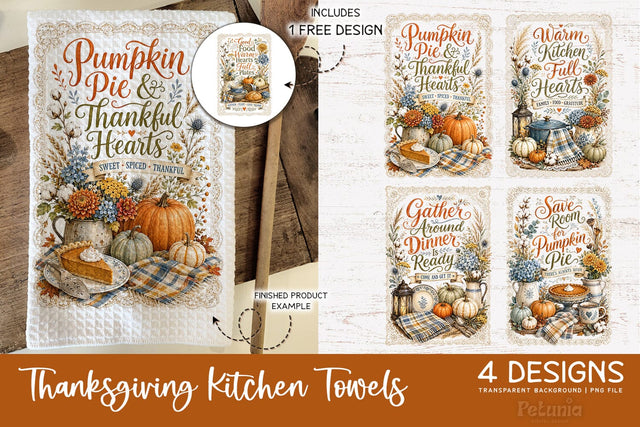 Retro Farmhouse Thanksgiving Kitchen Towel PNG Sublimation Petunia Digital Design 