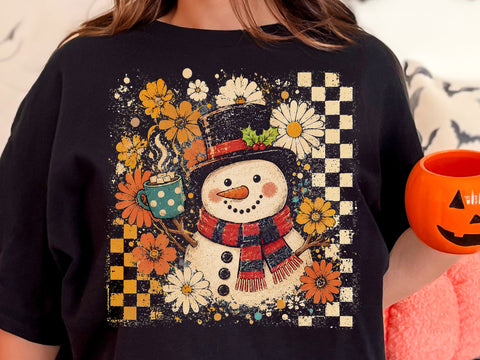 Retro Floral Checkered Snowman PNG SVG DesignDestine 