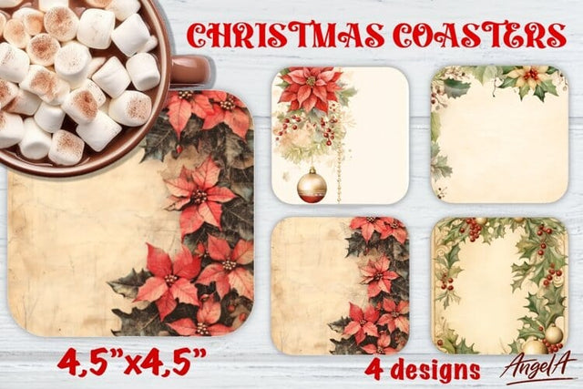 Retro floral Christmas Square coaster, retro texture Sublimation Angelina Semenova 