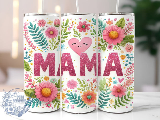 Retro Floral Mama 20oz Skinny Tumbler, Glitter Mama Flower Tumbler Png, Straight & Tapered Tumbler Wrap, Instant Digital Download Sublimation ToriDesigns 