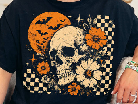 Retro Floral Skeleton Png, Funny Checkered Skeleton Halloween Png, Preppy Halloween Png, Trendy Halloween Skull Design, Spooky Season Png SVG DesignDestine 