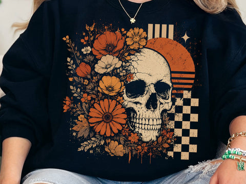 Retro Floral Skeleton Png, Funny Checkered Skeleton Halloween Png, Preppy Halloween Png, Trendy Halloween Skull Design, Spooky Season Png SVG DesignDestine 