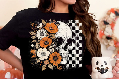 Retro Floral Skeleton Png, Funny Checkered Skeleton Halloween Png, Preppy Halloween Png, Trendy Halloween Skull Design, Spooky Season Png SVG DesignDestine 
