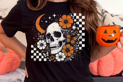 Retro Floral Skeleton Png, Funny Checkered Skeleton Halloween Png, Preppy Halloween Png, Trendy Halloween Skull Design, Spooky Season Png SVG DesignDestine 