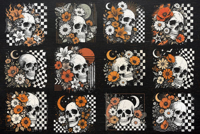 Retro Floral Skeleton Png, Funny Checkered Skeleton Halloween Png, Preppy Halloween Png, Trendy Halloween Skull Design, Spooky Season Png SVG DesignDestine 