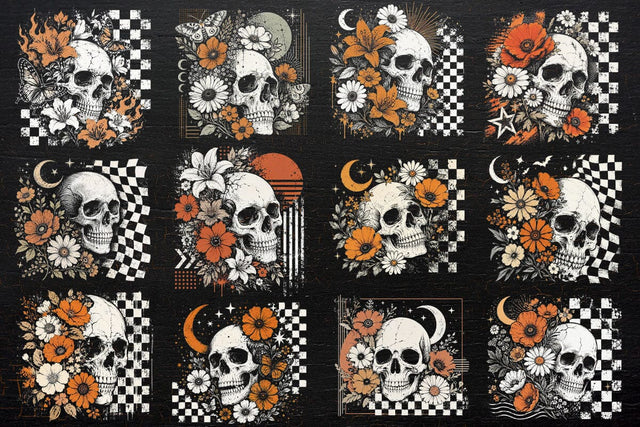 Retro Floral Skeleton Png, Funny Checkered Skeleton Halloween Png, Preppy Halloween Png, Trendy Halloween Skull Design, Spooky Season Png SVG DesignDestine 