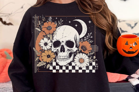 Retro Floral Skeleton Png, Funny Checkered Skeleton Halloween Png, Preppy Halloween Png, Trendy Halloween Skull Design, Spooky Season Png SVG DesignDestine 