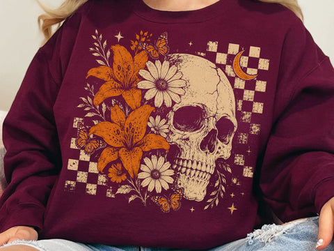 Retro Floral Skeleton Png, Funny Checkered Skeleton Halloween Png, Preppy Halloween Png, Trendy Halloween Skull Design, Spooky Season Png SVG DesignDestine 