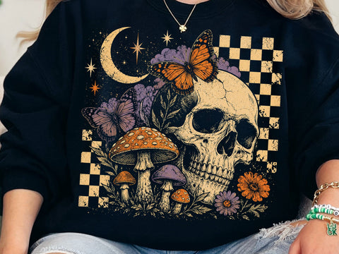 Retro Floral Skeleton Png, Funny Checkered Skeleton Halloween Png, Preppy Halloween Png, Trendy Halloween Skull Design, Spooky Season Png SVG DesignDestine 