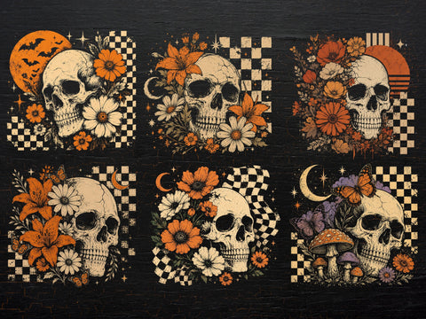 Retro Floral Skeleton Png, Funny Checkered Skeleton Halloween Png, Preppy Halloween Png, Trendy Halloween Skull Design, Spooky Season Png SVG DesignDestine 
