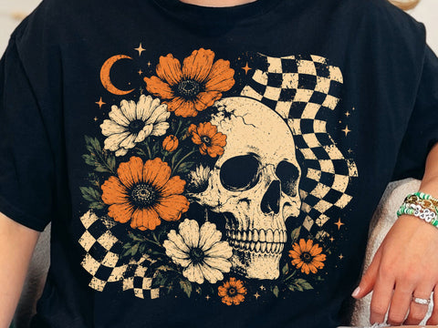 Retro Floral Skeleton Png, Funny Checkered Skeleton Halloween Png, Preppy Halloween Png, Trendy Halloween Skull Design, Spooky Season Png SVG DesignDestine 