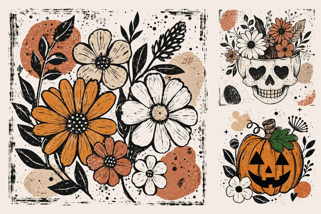 Retro Floral Skull Pumpkin PNG SVG DesignDestine 