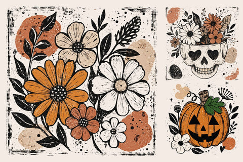 Retro Floral Skull Pumpkin PNG SVG DesignDestine 